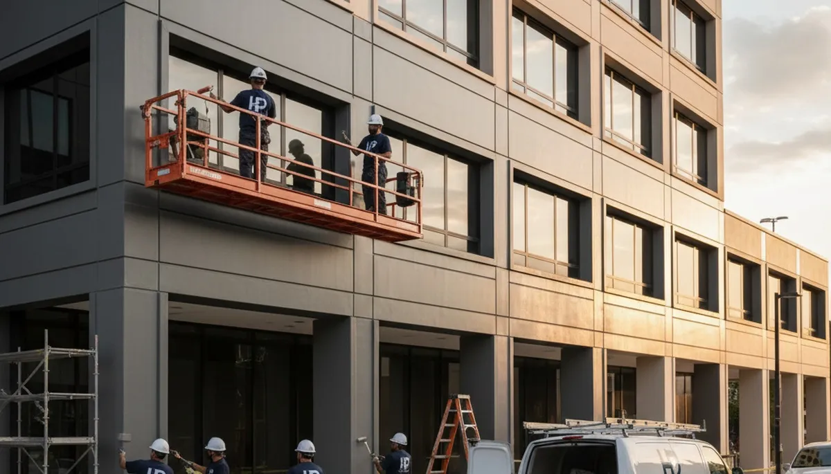 Professional commercial painters working on a retail building in Palm Springs, CA