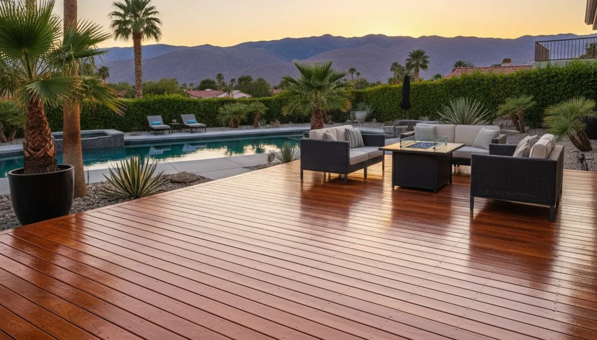 Finished deck staining with rich wood finish by house painters in Palm Springs, CA