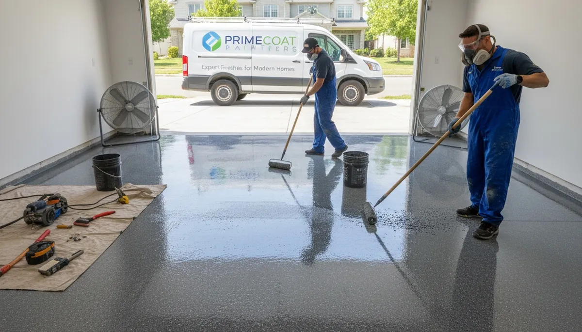 Epoxy floor coating in Palm Springs CA garage, durable heat‑resistant finish by local painting pros