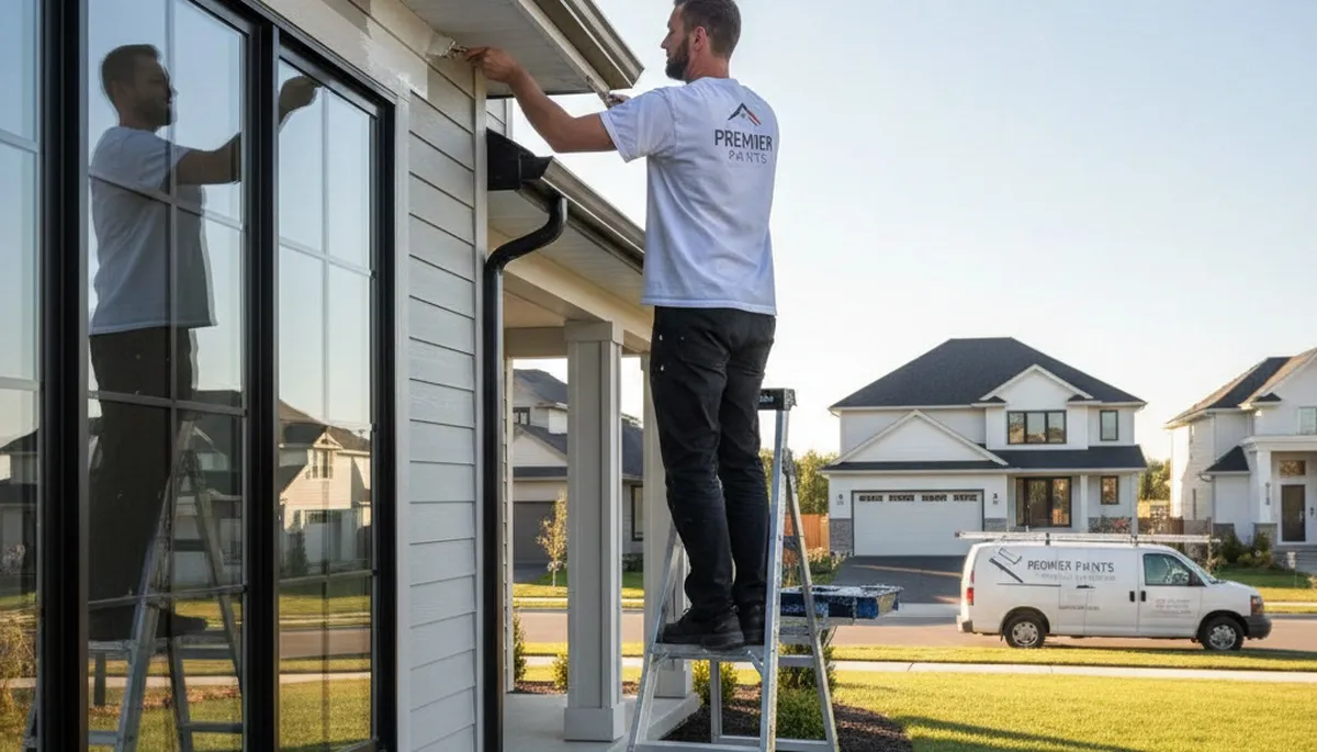 Professional gutter painting on desert home exterior in Palm Springs, CA by expert house painters