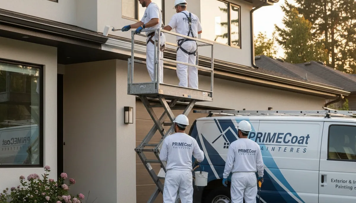 Professional gutter painting on desert home exterior in Palm Springs, CA by expert house painters