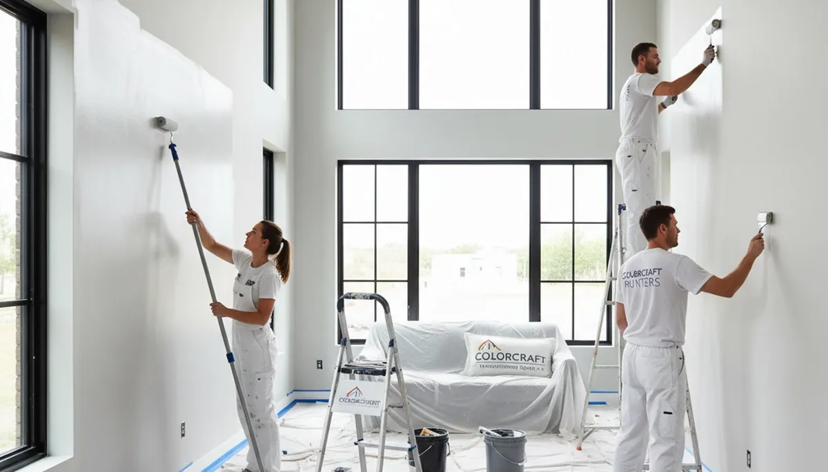 Professional interior house painters finishing living room walls in Palm Springs, CA