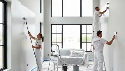 Professional interior house painters finishing living room walls in Palm Springs, CA