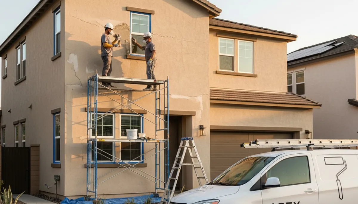 Professional stucco repair on Palm Springs, CA home exterior restoring cracked and sun-damaged walls