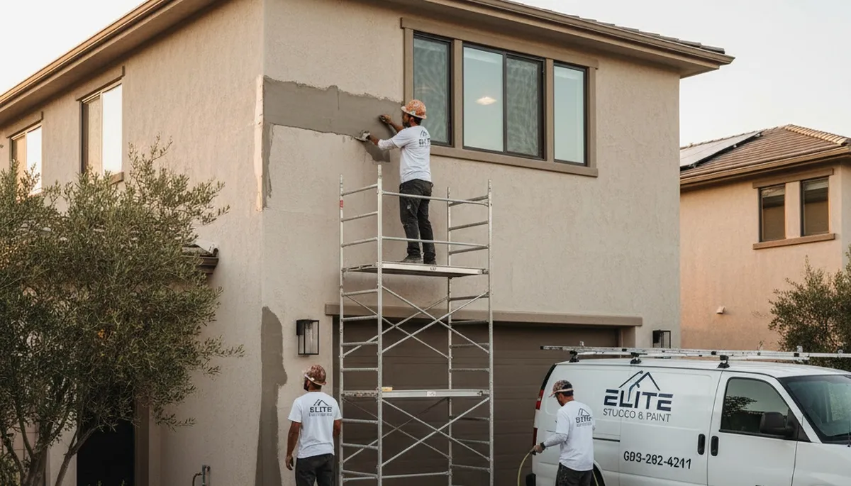 Professional stucco repair on Palm Springs, CA home exterior restoring cracks and textured finish