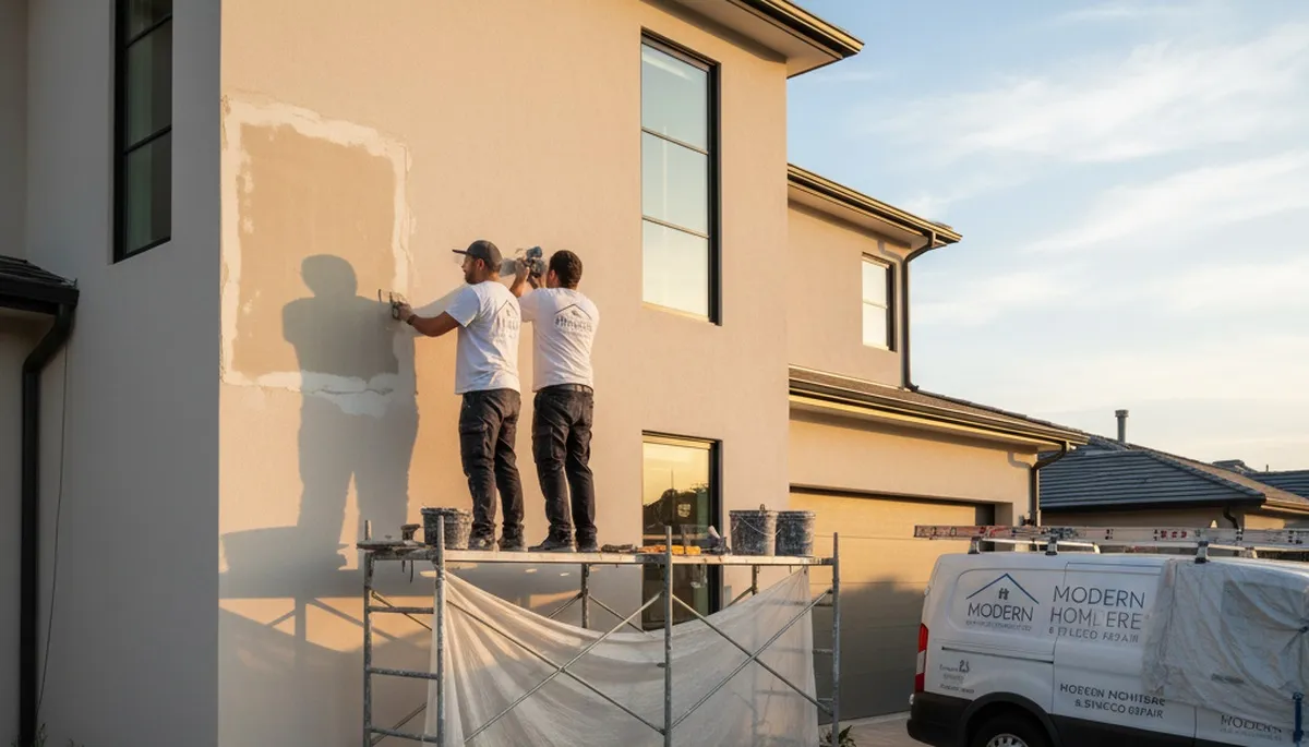 Professional stucco repair on Palm Springs, CA home exterior restoring cracks and desert-weathered walls